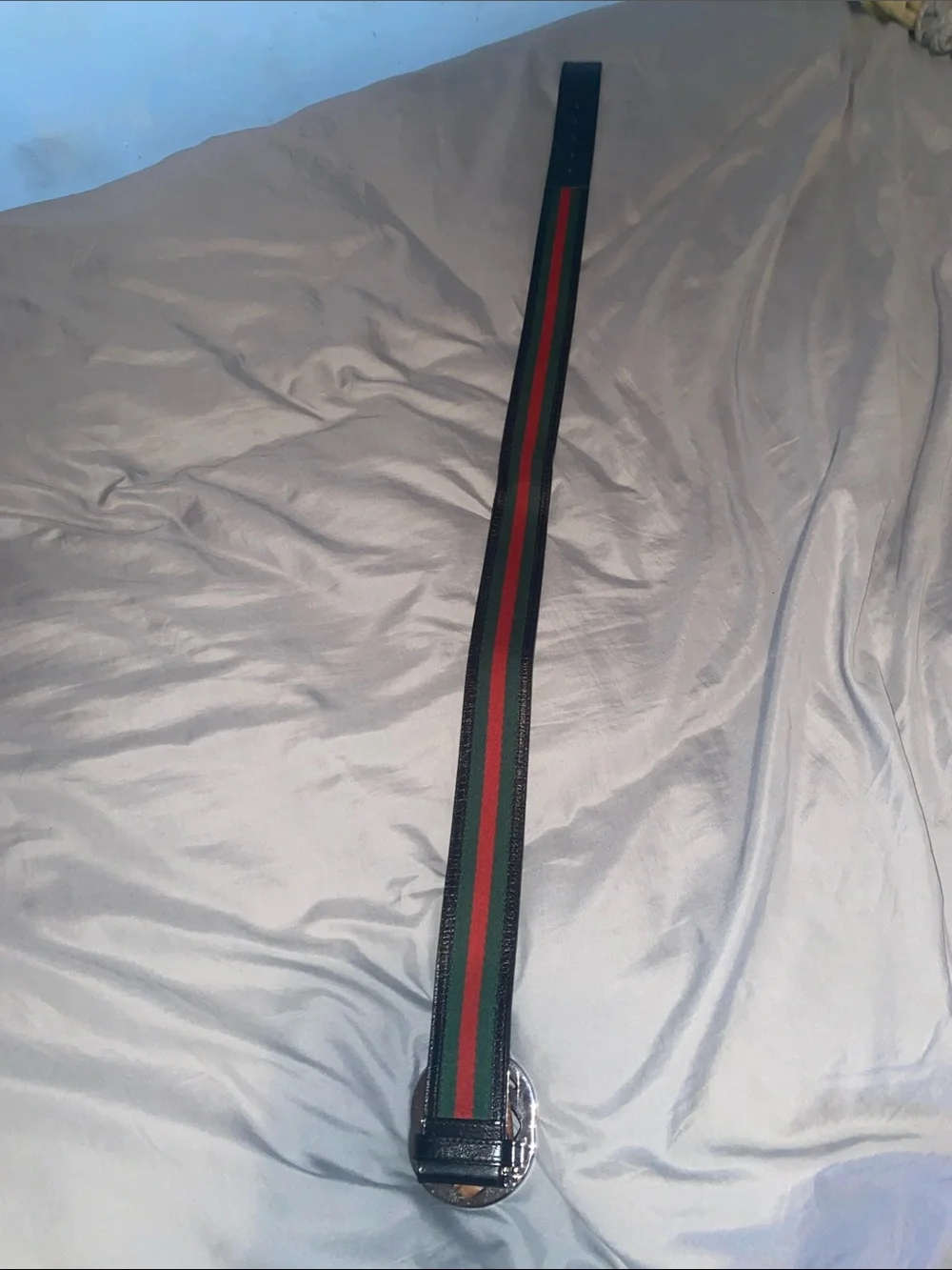 Gucci Black Leather Belt with Green & Red Web and Silver GG Buckle